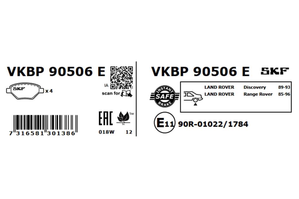 Jeu de 4 plaquettes de frein SKF ref. VKBP 90506 E
